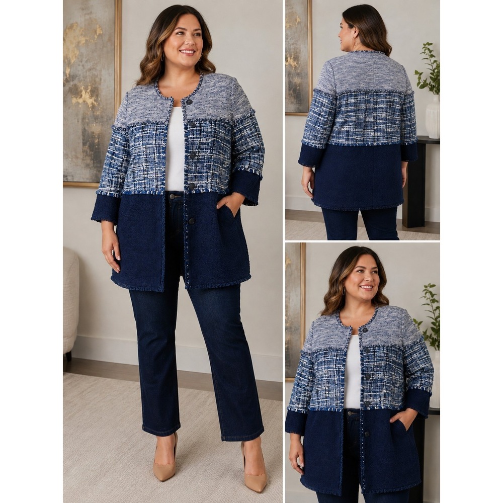 Chico's Size 2 Large 12/14 Navy Blue White Tweed Fringe Jacket Blazer